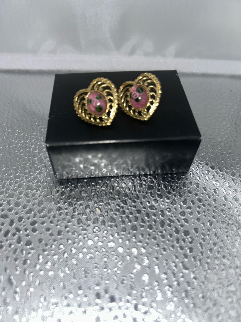 1928 gold tone heart earrings pink green floral center romantic casual classic